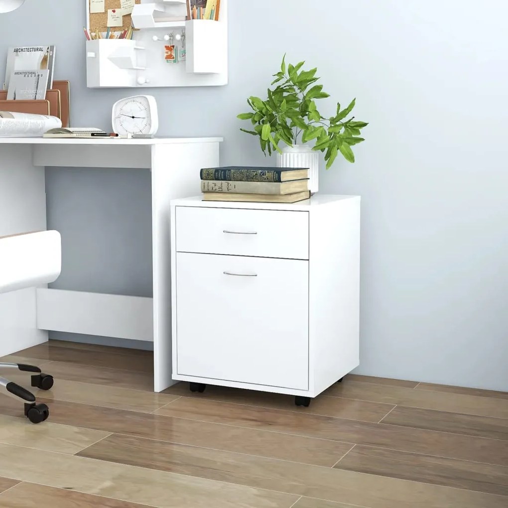 Mobiletto Con Rotelle Bianco 45x38x54cm İn Legno Ingegnerizzato /