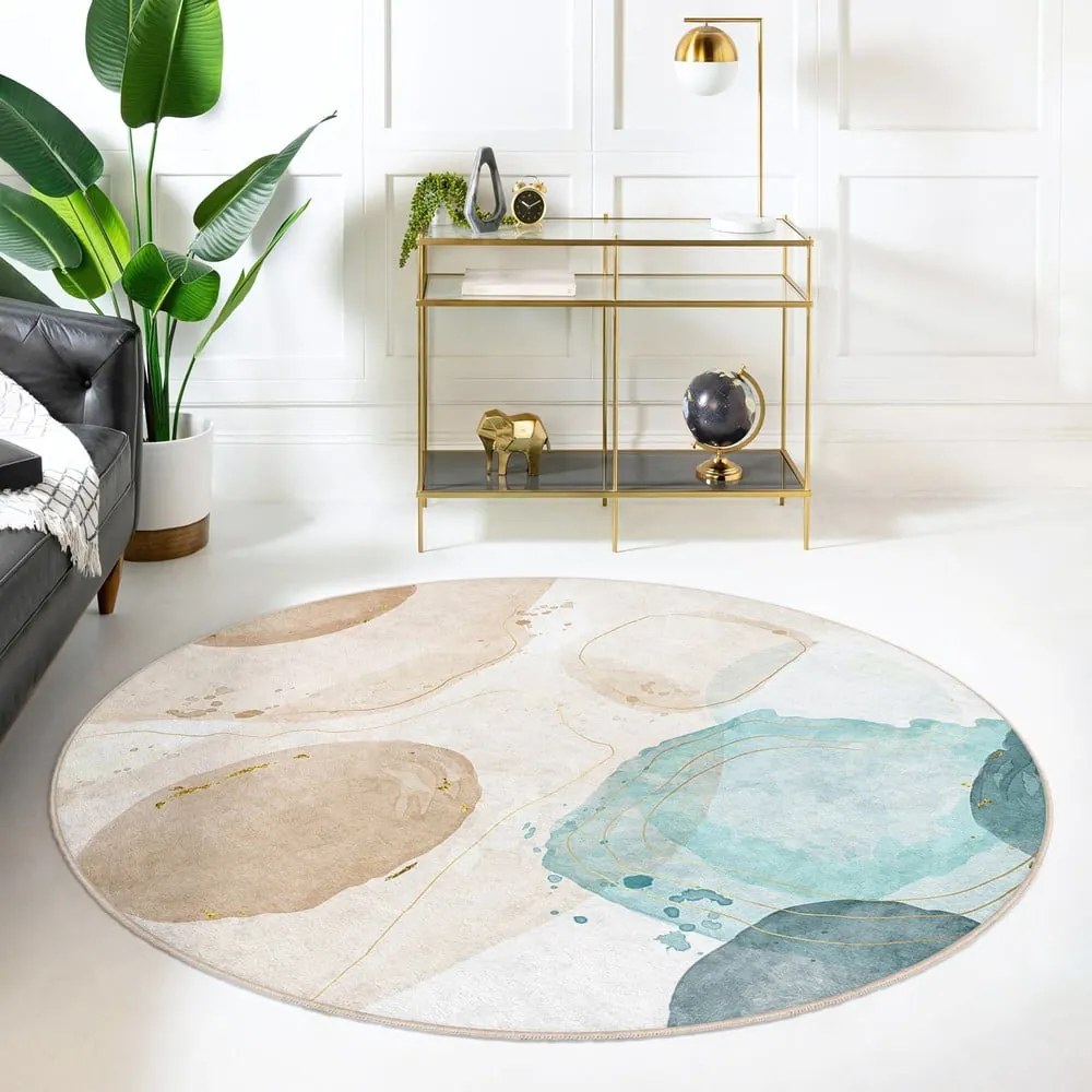 Tappeto rotondo blu/beige lavabile ø 150 cm Puddle – Mila Home