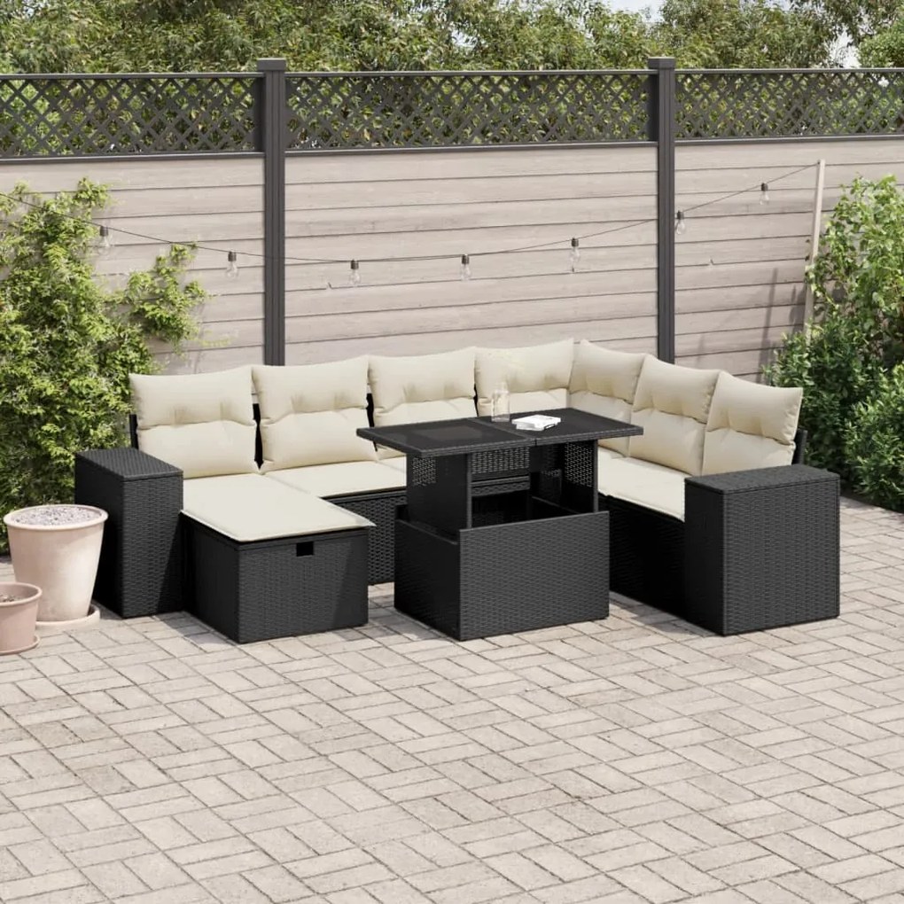 Set divani da giardino con cuscini 8 pz nero in polyrattan