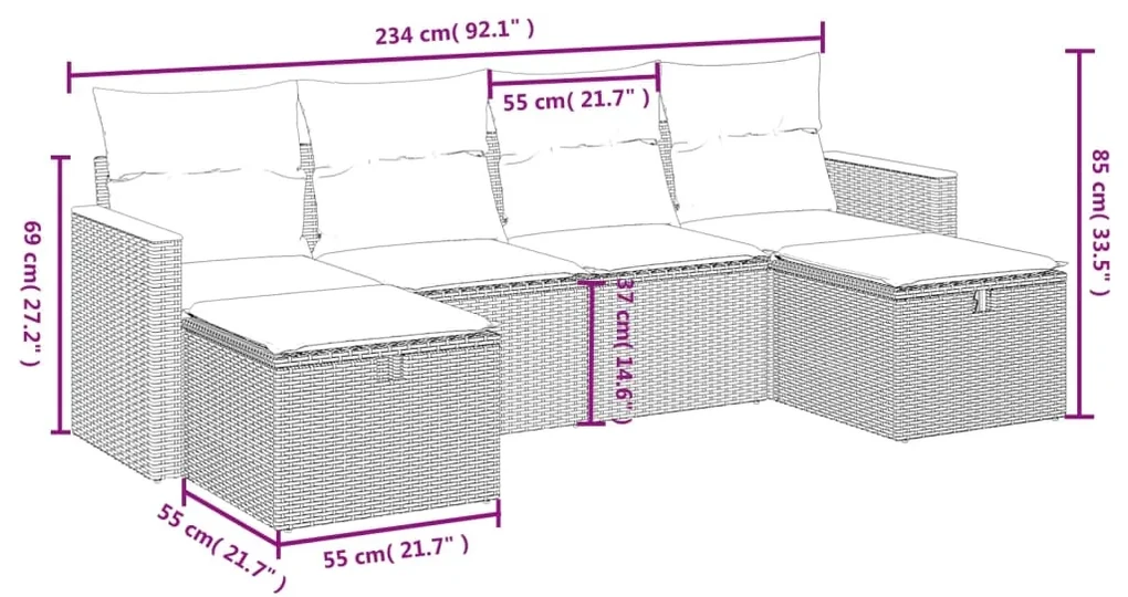 Set divano da giardino 6 pz con cuscini beige in polyrattan