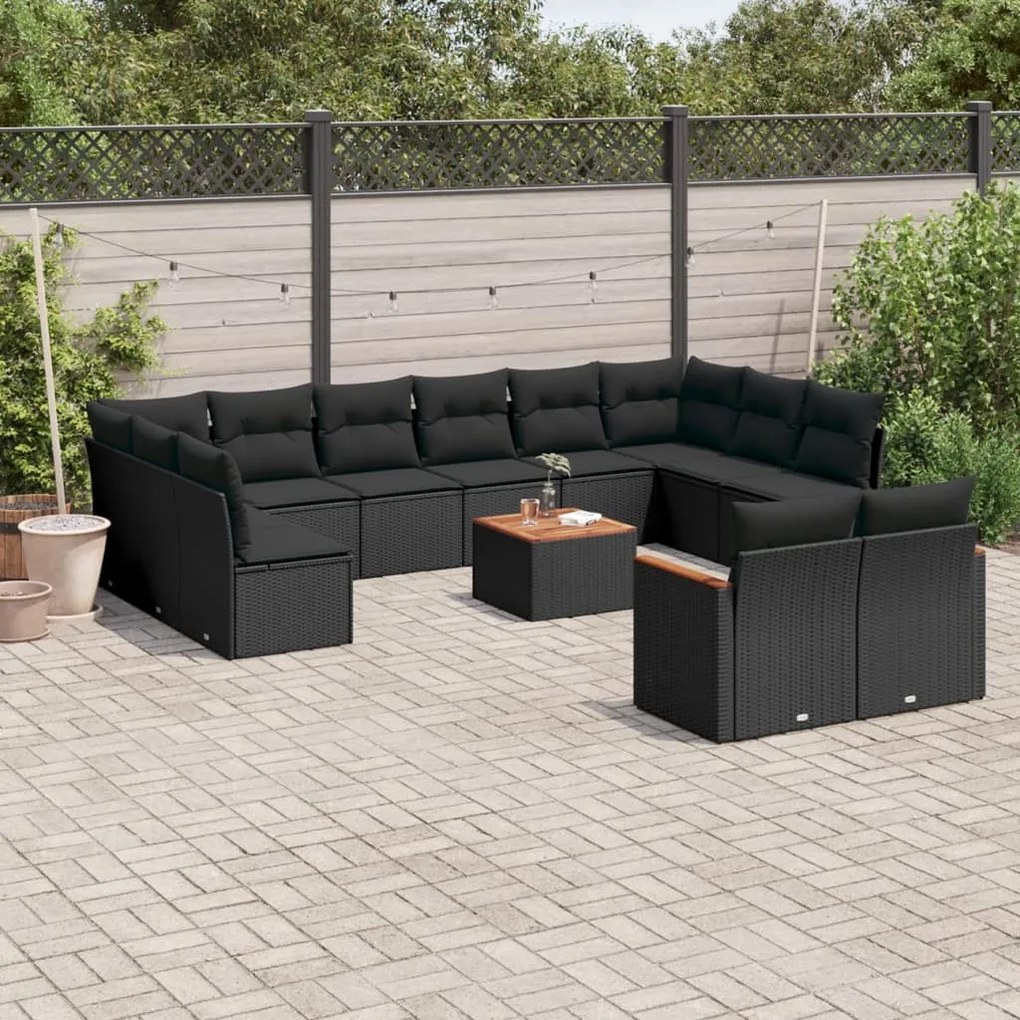 Set divani da giardino 13pz con cuscini nero in polyrattan