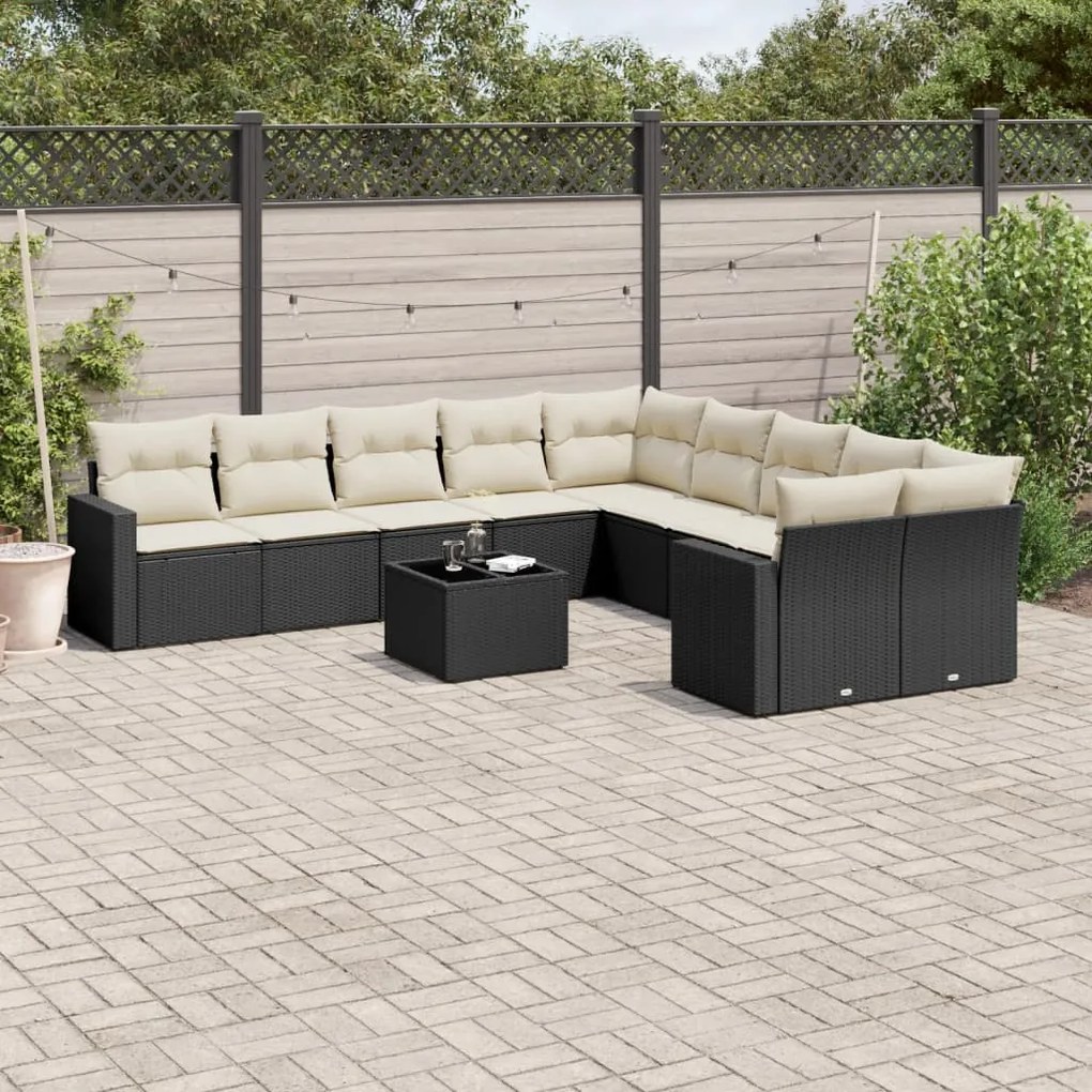 Set divani da giardino 11 pz con cuscini in polyrattan nero