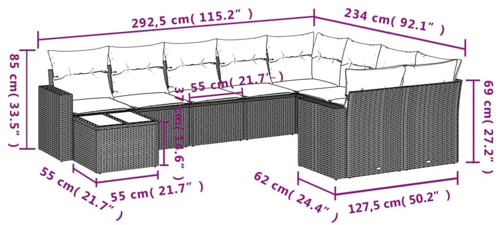 Set divano giardino 10 pz con cuscini grigio chiaro polyrattan