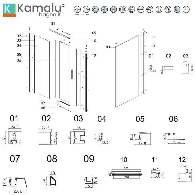 Kamalu - box doccia oro satinato 75x110 scorrevole e fisso vetro 6mm altezza 200h | kla-4000g