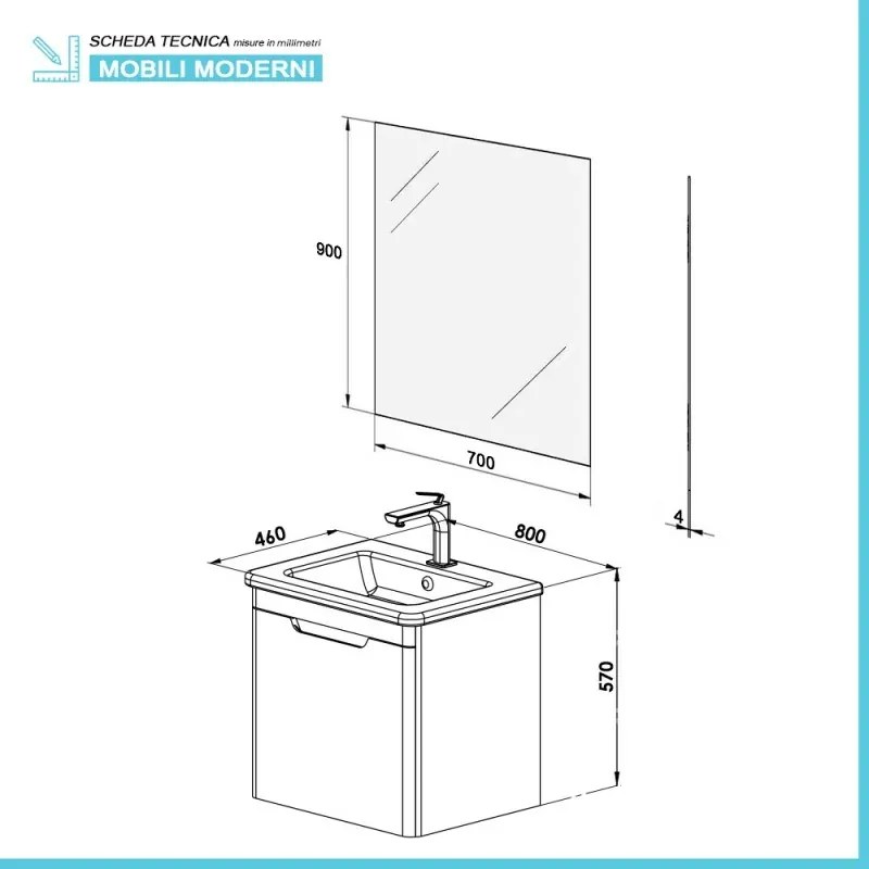 Mobile bagno sospeso 80 cm bianco lucido con specchio 70x90 Stillo