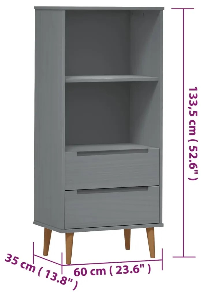 Libreria MOLDE Grigia 60x35x133,5 cm in Legno Massello di Pino