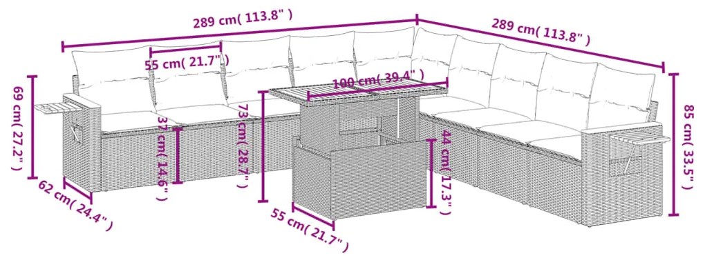 Set divani da giardino 11 pz con cuscini in polyrattan grigio