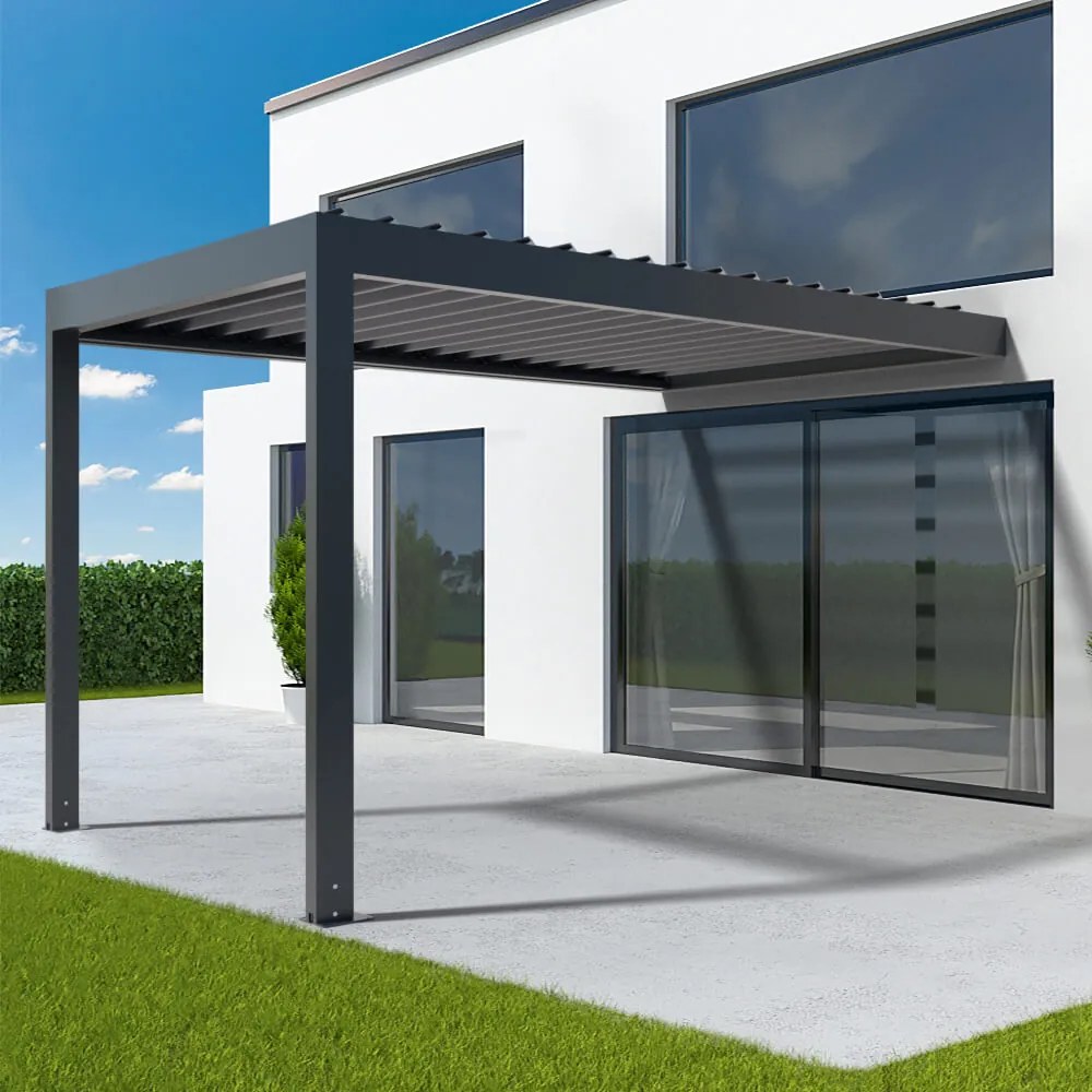 Pergola 4x5 m, motore elettrico, pergola bioclimatica addossata, grigio antracite RAL 7016, alluminio, 4000x5000 mm