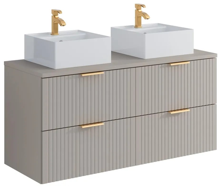 Mobile per bagno sospeso con scanalature e lavabo doppio da appoggio quadrato L120 cm Beige - ZEVARA
