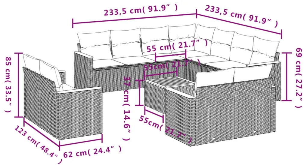 Set Divani da Giardino 12 pz con Cuscini Beige in Polyrattan