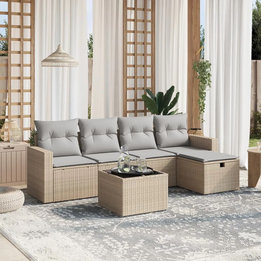 Set divano da giardino 6 pz con cuscini beige misto polyrattan