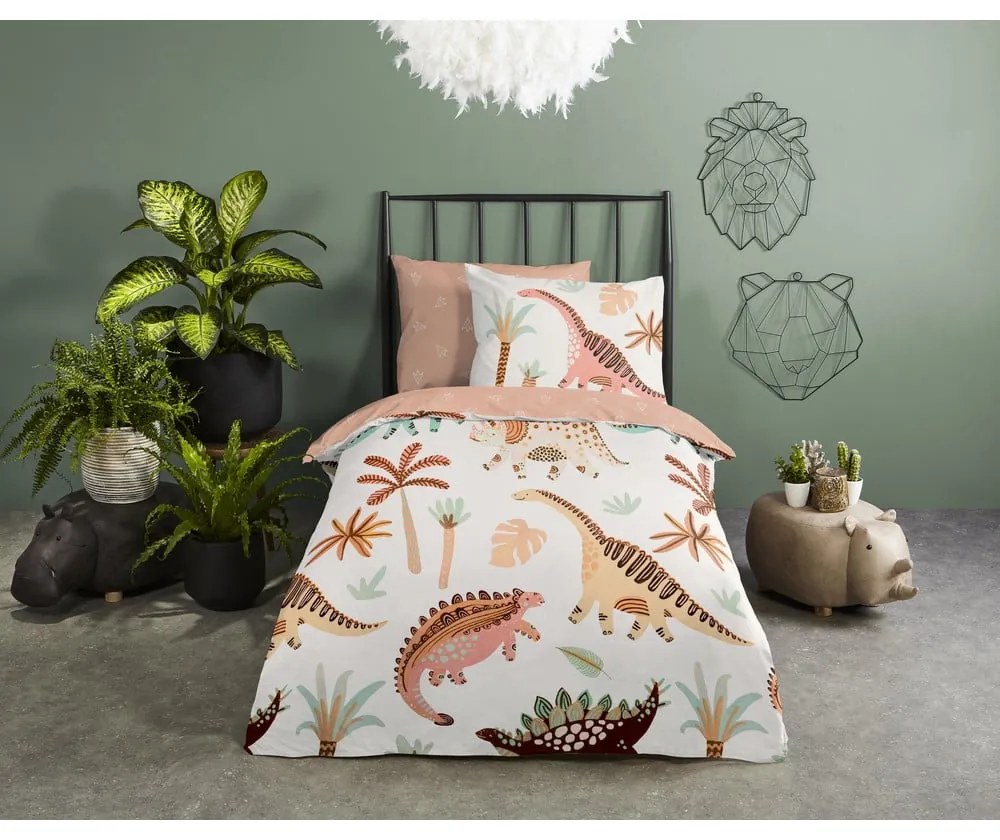 Set copripiumino e federa da bambini marrone/beige in cotone per culla 100x135 cm Dino – Good Morning