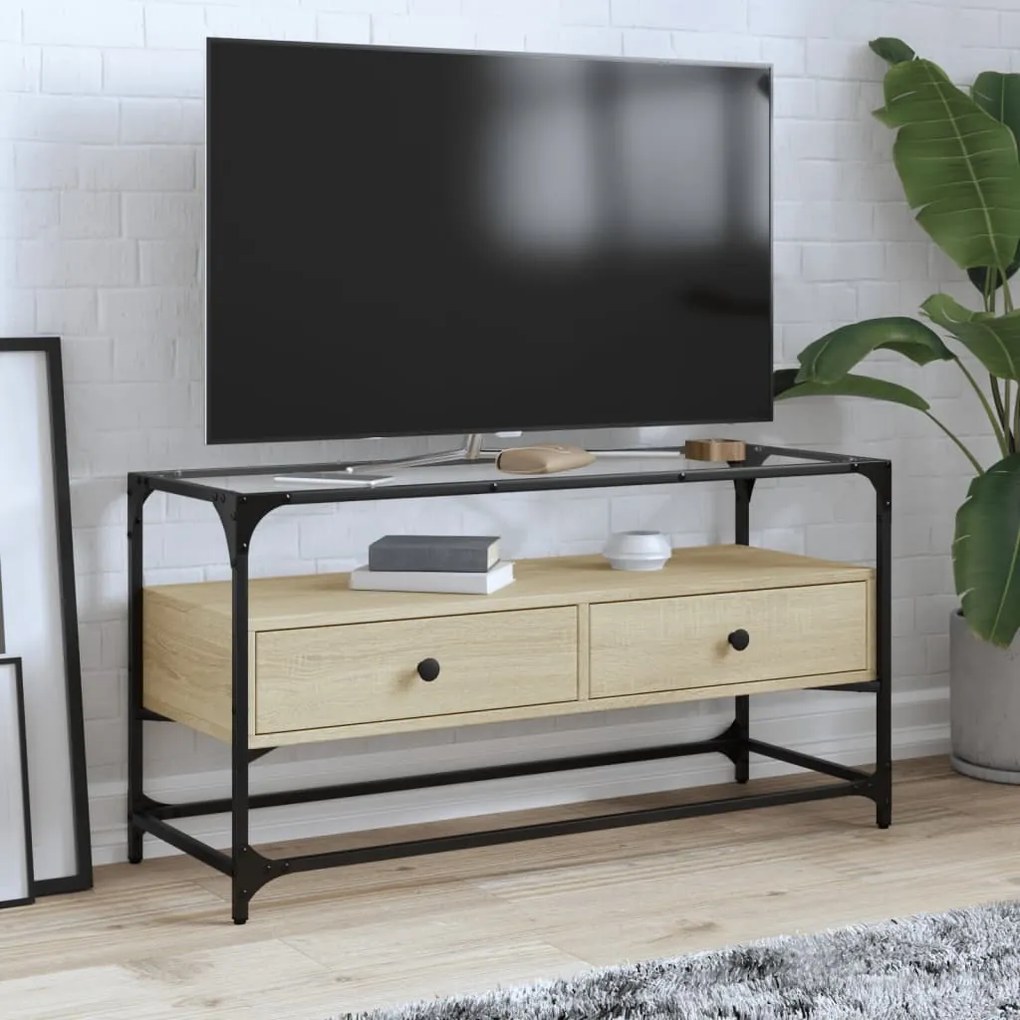 Mobile Tv Piano Vetro Rovere Sonoma 98x35x51 Legno Multistrato /