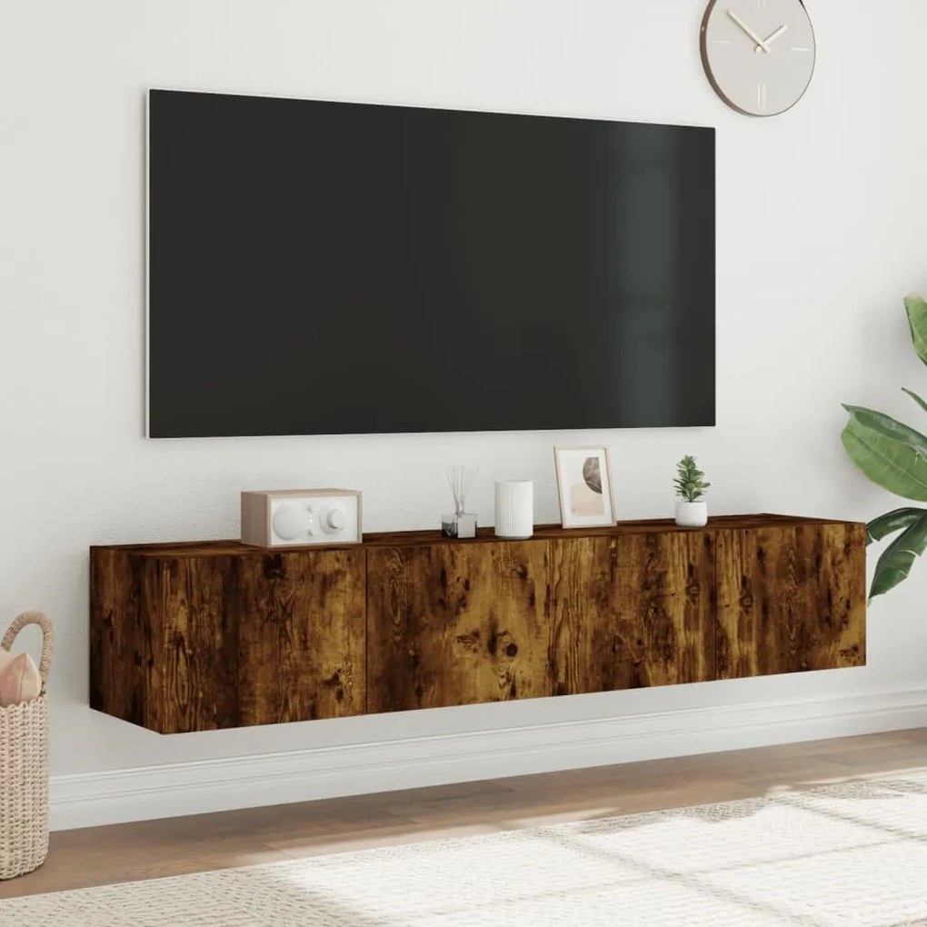 Mobili tv a parete con luci led 2pz rovere fumo 80x35x31 cm