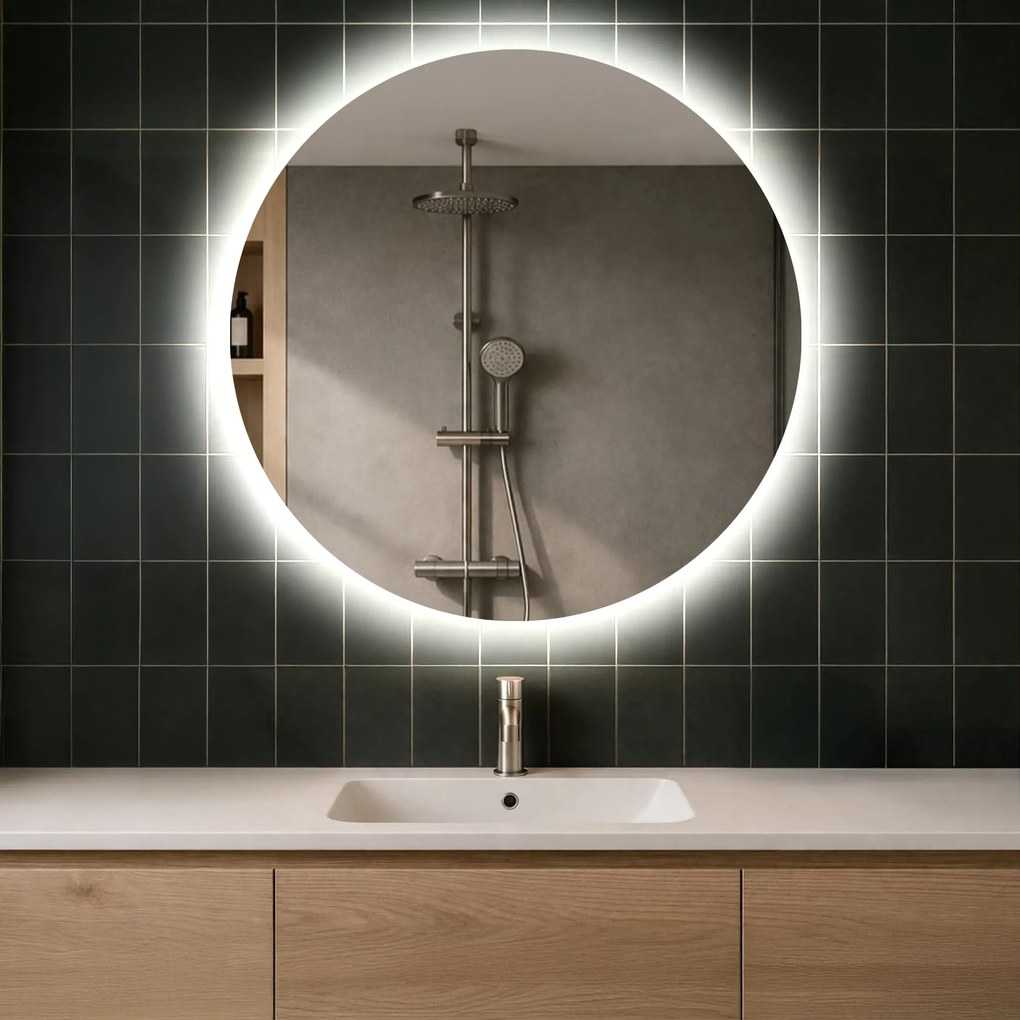Rotondo specchio parete retroilluminato per bagno 80cm su šaltu LED apšvietimu 7000K, šiltu apšvietimu 3000K arba neutraliu apšvietimu 4500K