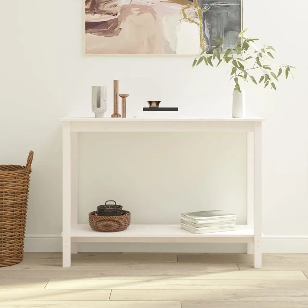 Tavolo Consolle Bianco 110x40x80 Cm İn Legno Massello Di Pino /