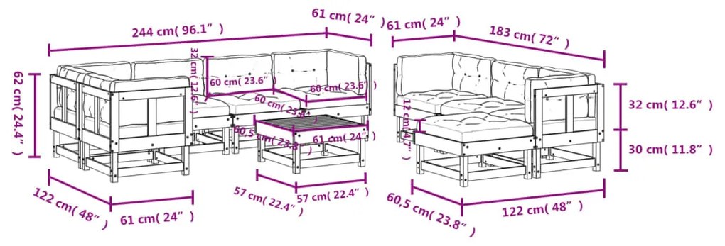 Set Divani da Giardino 10 pz con Cuscini in Legno Massello