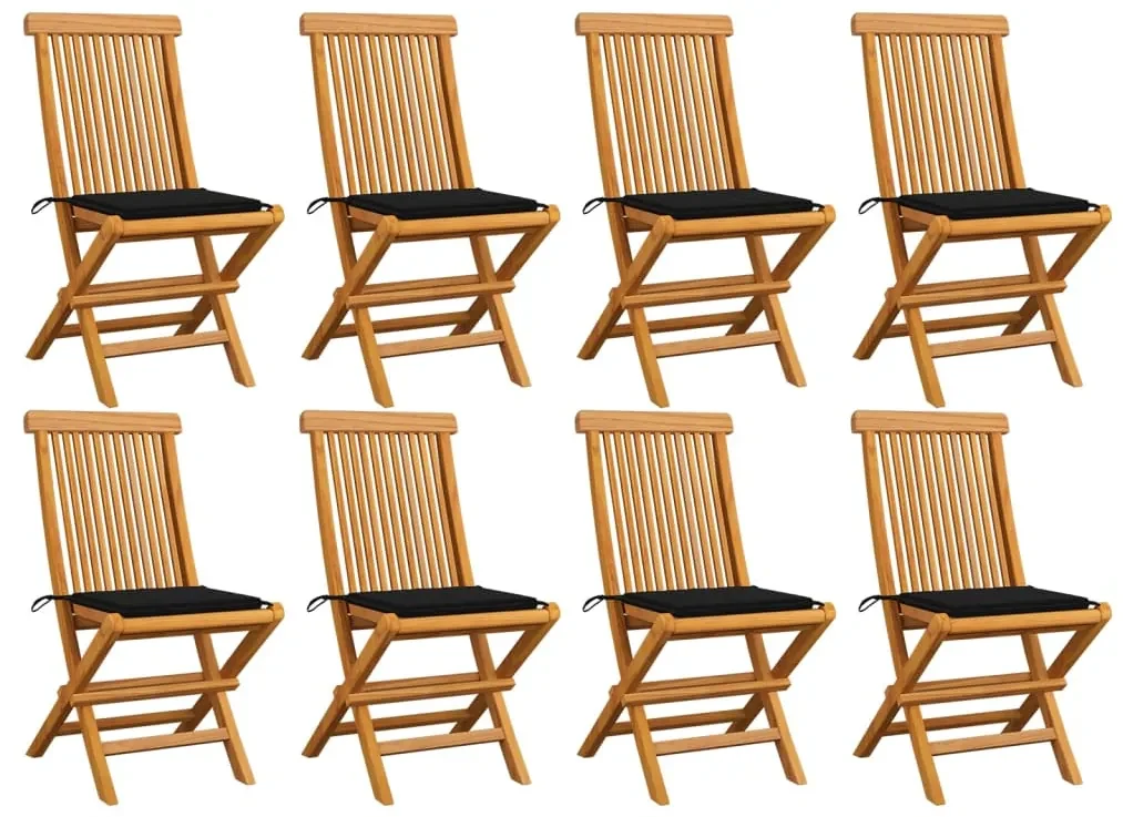 Sedie da giardino con cuscini neri 8 pz in massello di teak
