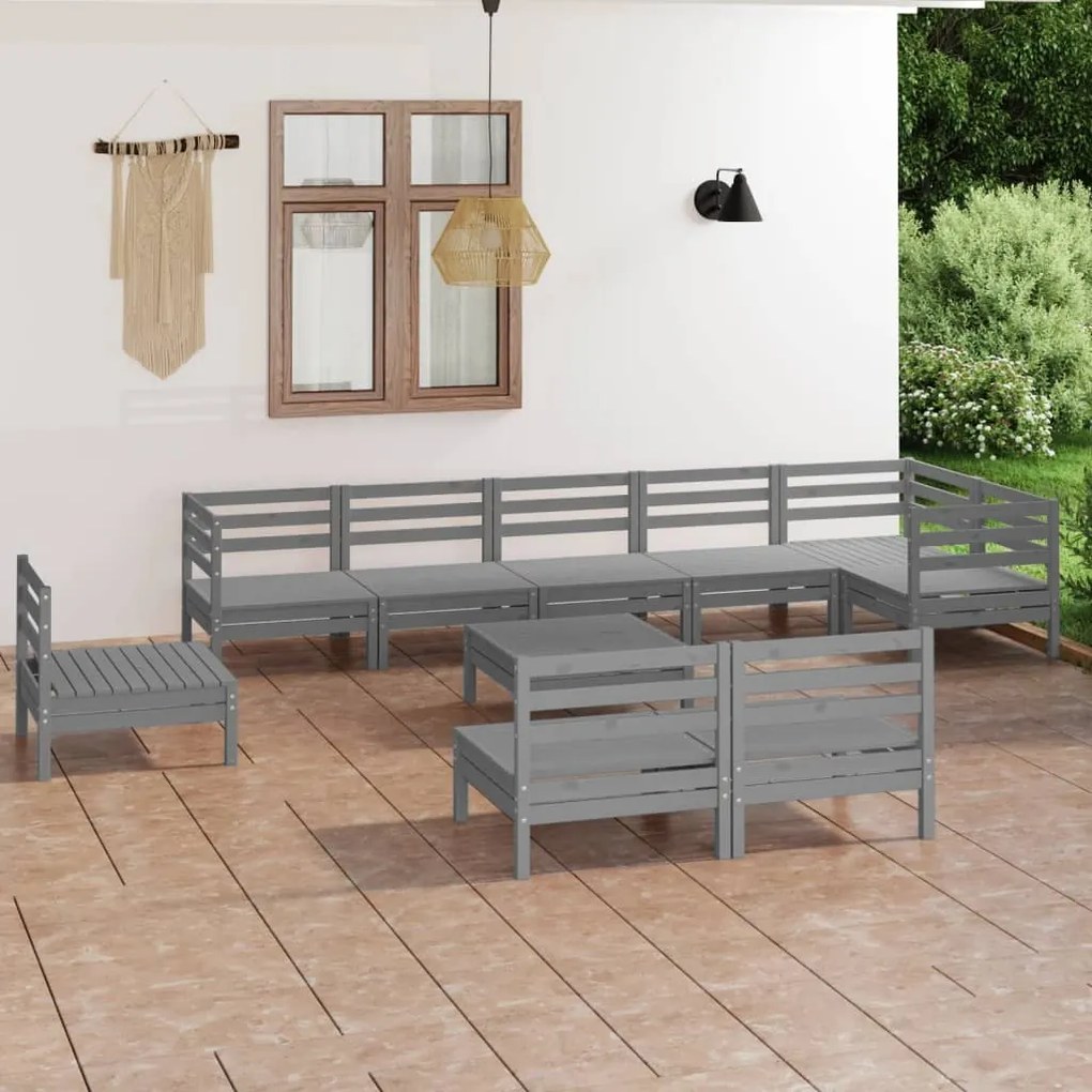 Set salotto da giardino 10 pz in legno massello di pino grigio