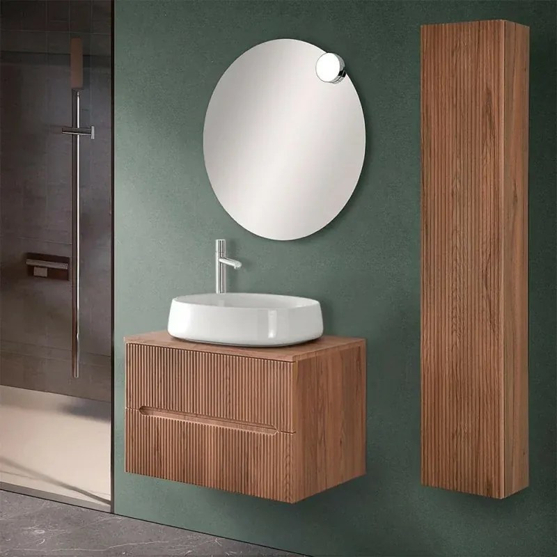 Mobile bagno sospeso cannettato 70 cm noce con top e specchio Bali