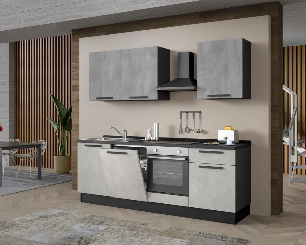 Cucina montata Dora bianco e grigio chiaro, lavello a sinistra, L 240 cm, completa di: cappa a camino, piano cottura a induzione, forno e lavastoviglie