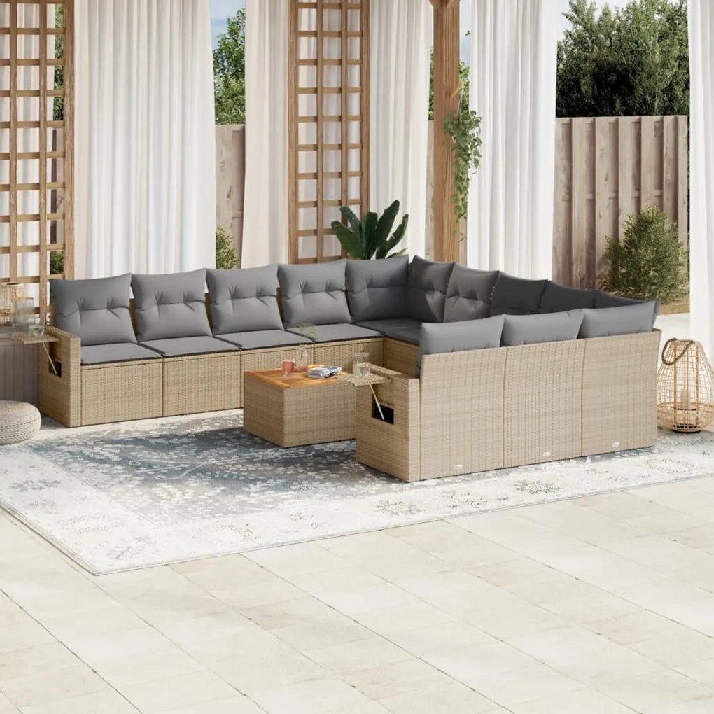 Set Divano da Giardino 12 pz con Cuscini Beige Misto Polyrattan