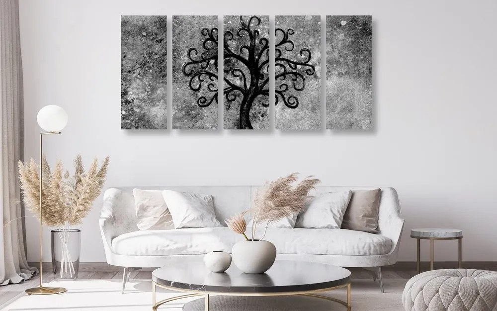 Quadri 5 pezzi – Albero della vita in bianco e nero