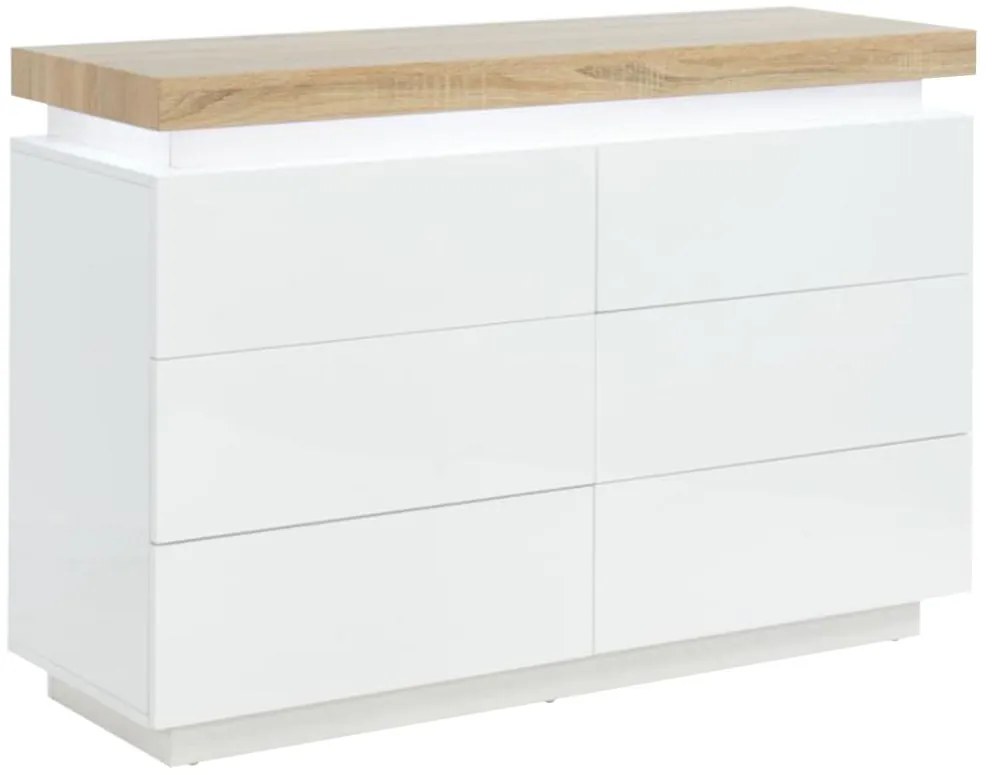 Comò 6 cassetti con LED in MDF laccato Bianco e Rovere - HALO II