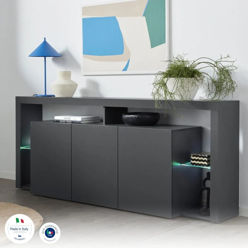 Credenza Essential 3 Ante 200 cm, Ripiani in Vetro, Made in Italy