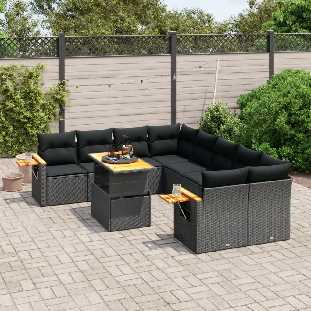 Set divani da giardino 9 pz con cuscini nero in polyrattan