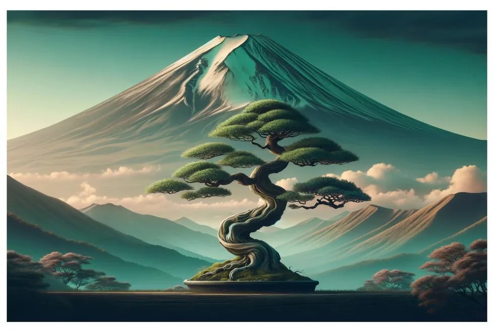 Quadro su tela – Bonsai e montagna in stile giapponese