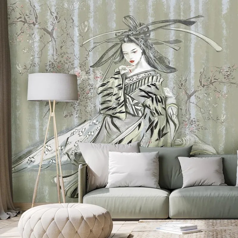 Carta Da Parati, Geisha giapponese orientale  Dimensioni 100x70, Finitura Carta da Parati Effetto Tela, Tipo di Carta da Parati Fliselina