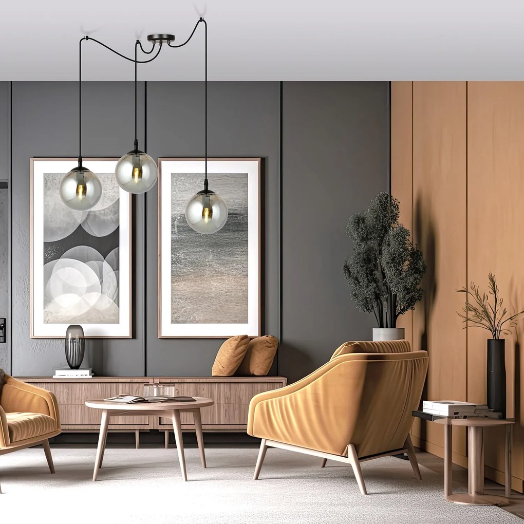 Lampadario 3 Luci Ginevra In Acciaio Nero Con Cavo Lungo E Vetri Fumè