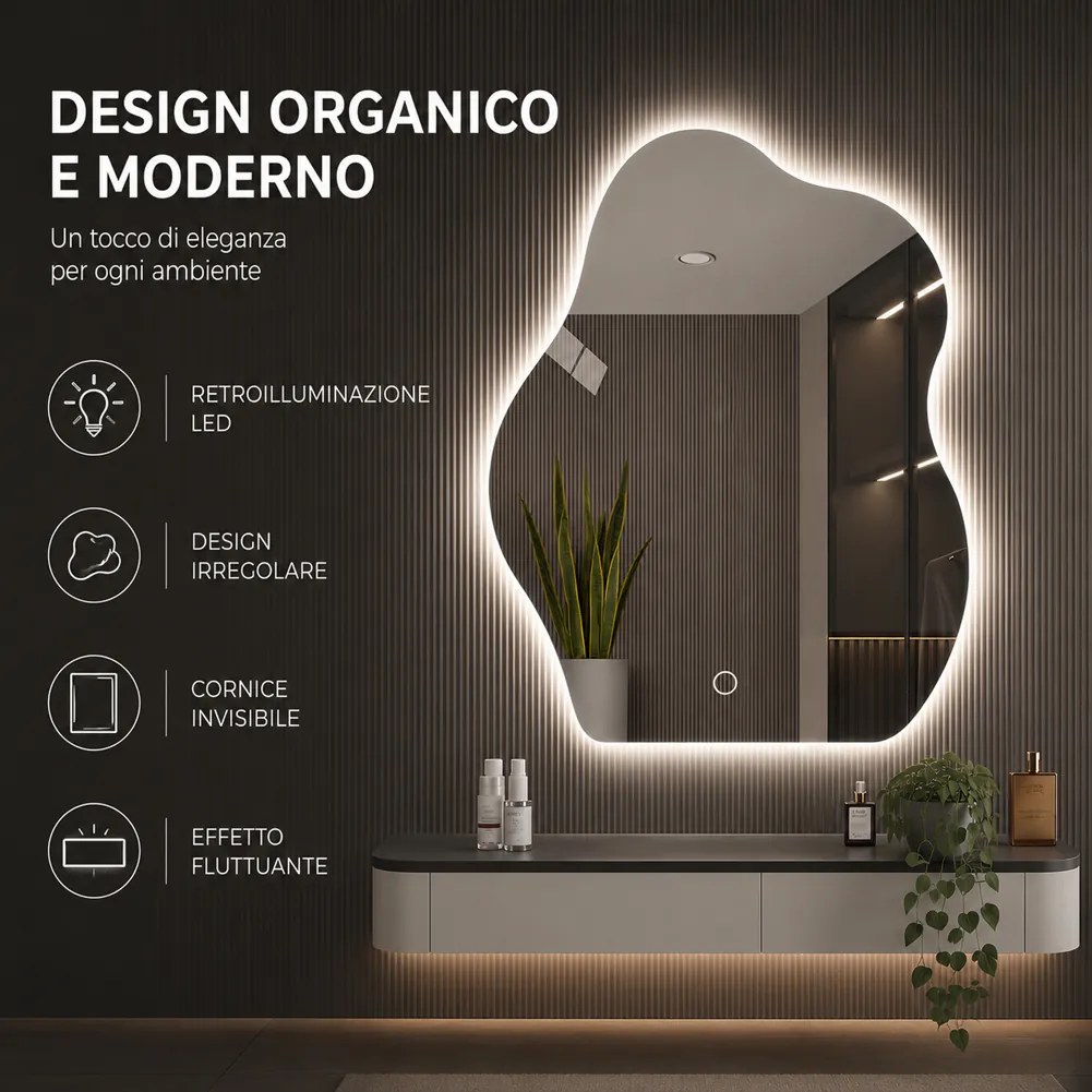 Specchio Forma Ondulata da Parete 50x70cm con LED 3 Colori Accensione Touch...