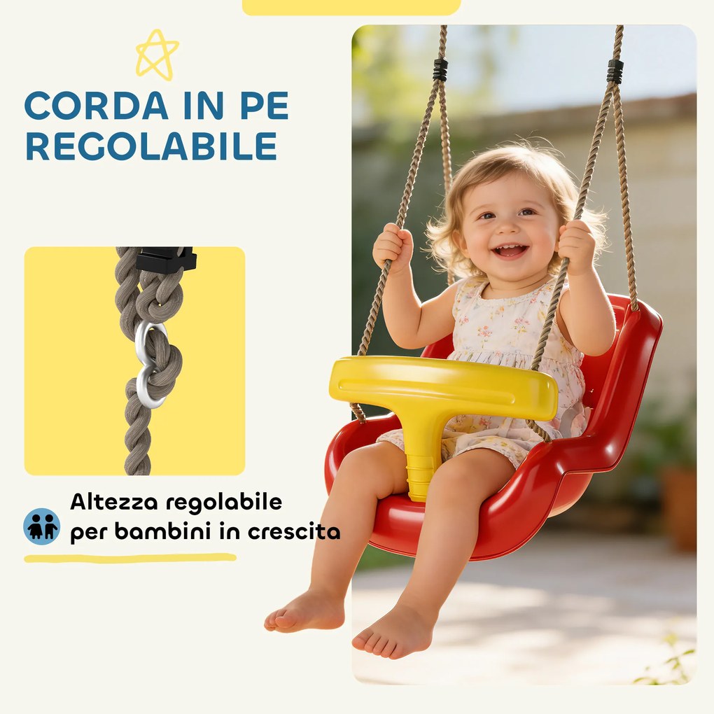 Altalena per Bambini 9-36 Mesi Regolabile 28x36x180 cm con Corde e Moschettoni in PE Rossa e Gialla...