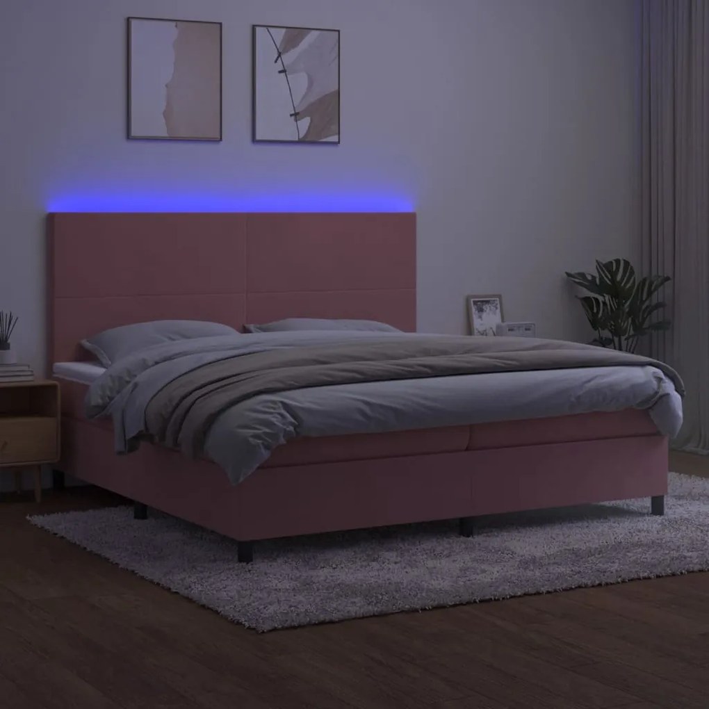 Letto a molle con materasso e led rosa 200x200 cm in velluto