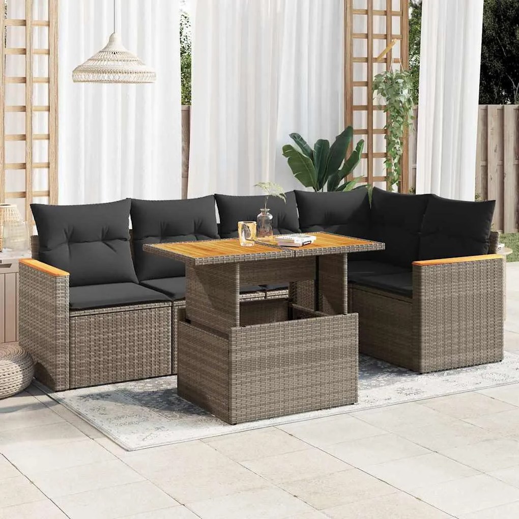 Set divano giardino 5 pz con cuscini grigio polyrattan acacia