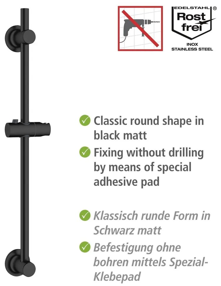 Asta per doccia senza foratura nera in acciaio inox con supporto scorrevole 70 cm – Wenko