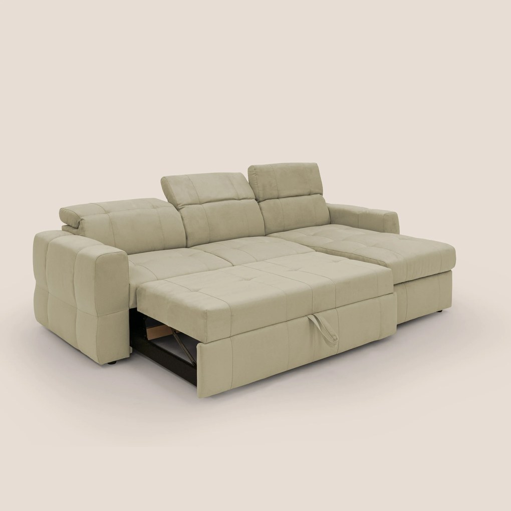 Kronos Divano angolare con pouf estraibile e penisola contenitore in microfibra impermeabile T11 beige