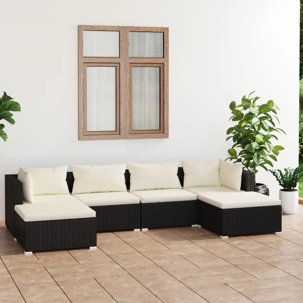 Set divani da giardino 6 pz con cuscini in polyrattan nero