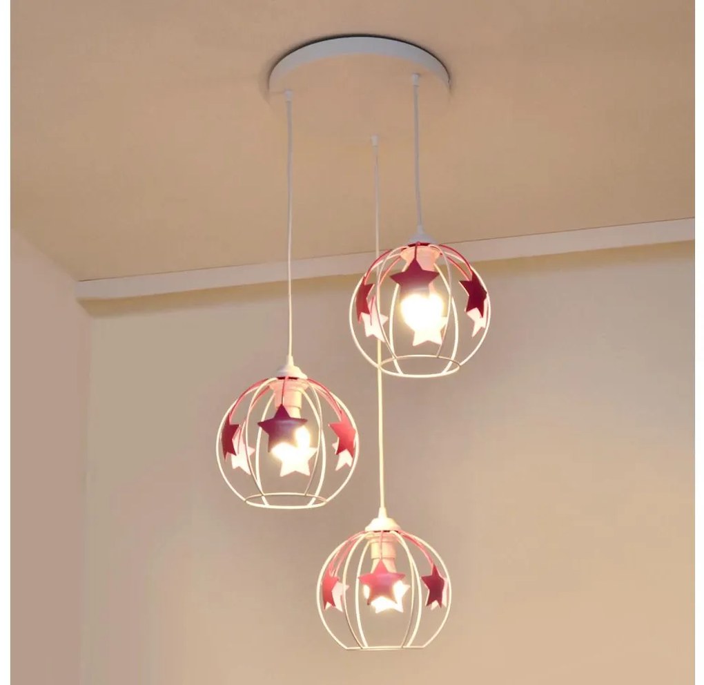 Lampadario a sospensione per bambini STARS 3xE27/15W/230V rosa/bianco