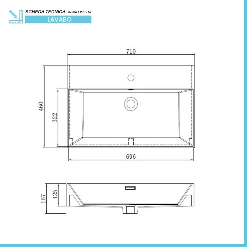 Lavabo sospeso rettangolare in resina 70 cm bianco lucido Loto