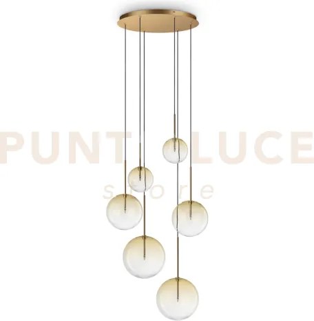 Equinoxe sospensione in vetro ambra e ottone antico 6 luci attacco g4