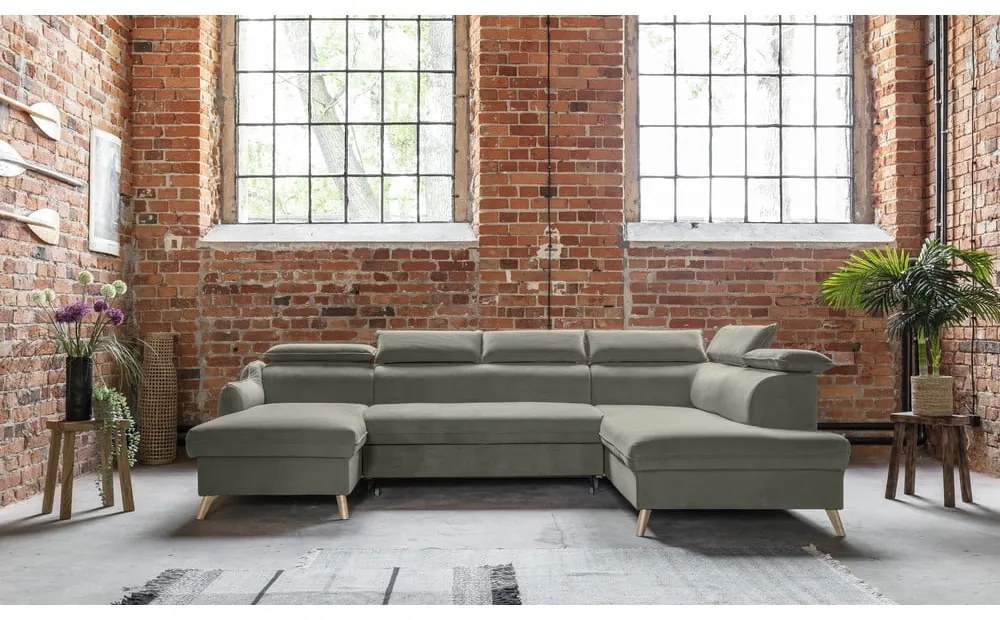 Divano letto angolare in velluto grigio chiaro a "U" (angolo destro) Sweet Harmony - Miuform