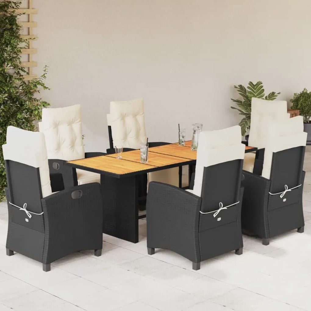 Set da pranzo da giardino 7 pz nero con cuscini in polyrattan