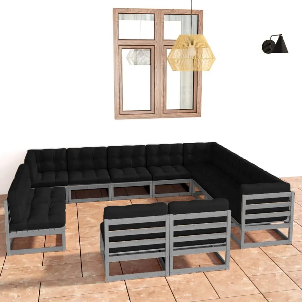 Set divani da giardino 12pz con cuscini grigio massello di pino