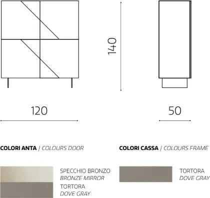 Madia credenza 4 ante in vetro specchio Bronzo e cassa Tortora ARTE 120 con 2 piedini