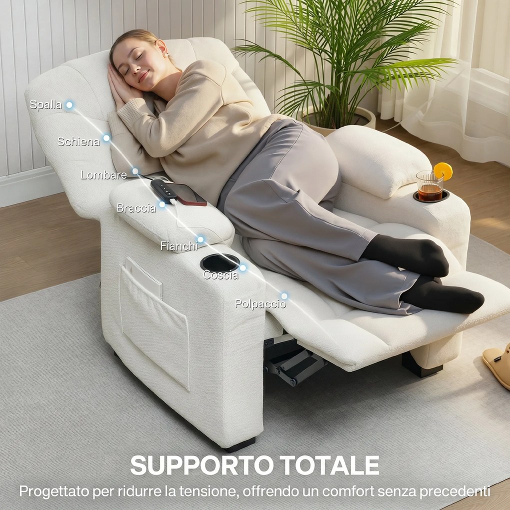 Poltrona Relax Elettrica 94x90x105 cm Reclinabile 150° con Poggiapiedi Funzione Memory Telecomando in Velluto Crema...