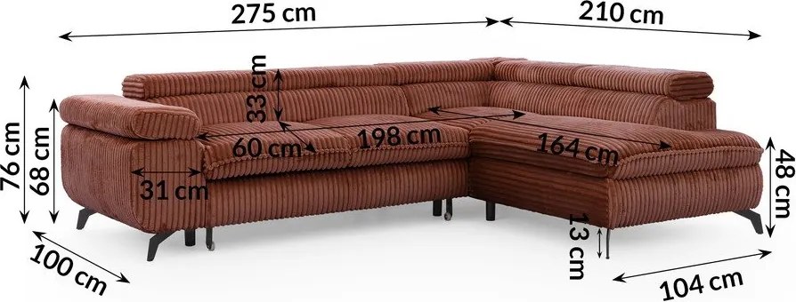 Divano angolare color terracotta (con penisola a destra/a L) con rivestimento in velluto a coste Marbeya – Ropez