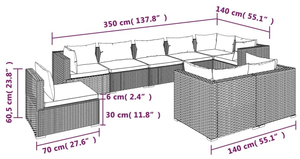 Set Divani da Giardino 9 pz con Cuscini in Polyrattan Marrone